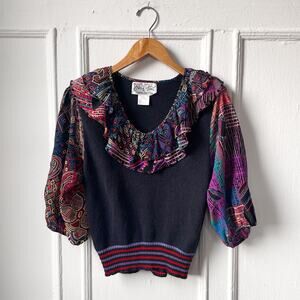 Vintage Diane Freis Beaded Silk Sweater Ruffle Blouse Silk Sleeve Lambswool Boho